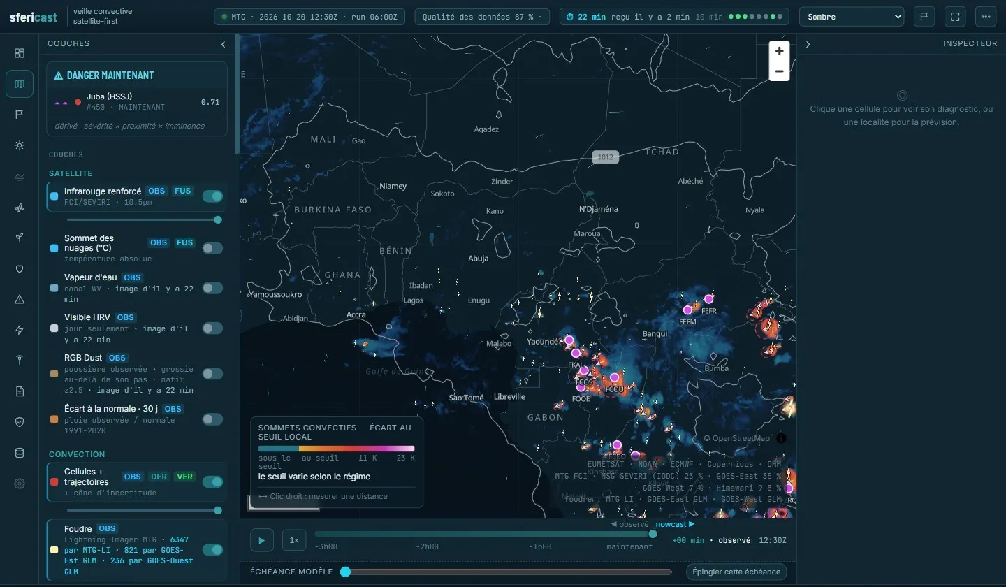 SferiCast : carte en direct des cellules orageuses sur l'Afrique centrale et de l'Ouest